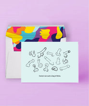 Load image into Gallery viewer, Hand-drawn wieners of all shapes and sizes on a sustainably sourced greeting card. Caption: "Cancer can suck a bag of dicks."
