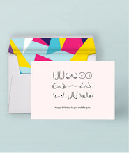 Load image into Gallery viewer, Hand-drawn boobs on a sustainably sourced greeting card. Caption: "Happy birthday to you and the gals."