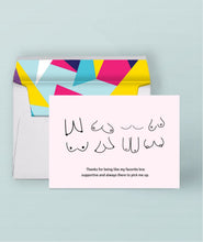 Load image into Gallery viewer, Hand-drawn boobs on a sustainably sourced greeting card. Caption: "Thanks for being like my favorite bra: supportive and always there to pick me up."