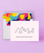 Load image into Gallery viewer, Funny wedding card with hand-drawn wieners on a sustainably sourced greeting card. Caption: "Wishing you a lifetime of health and hap-penis."
