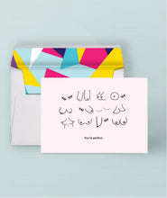 Load image into Gallery viewer, Hand-drawn boobs on a sustainably sourced greeting card including mastectomy drawings for breast cancer survivors. Caption: "You're perfect."