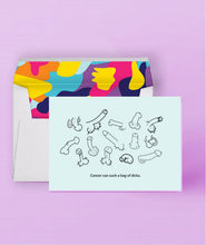 Load image into Gallery viewer, Hand-drawn wieners of all shapes and sizes on a sustainably sourced greeting card. Caption: &quot;Cancer can suck a bag of dicks.&quot;
