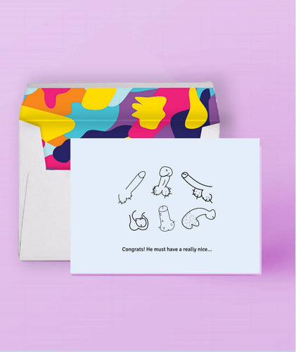 Hand-drawn wieners on a sustainably sourced greeting card. Folded and blank inside. Caption: 