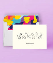 Load image into Gallery viewer, Hand-drawn wieners on a sustainably sourced greeting card. Folded and blank inside. Caption: &quot;How&#39;s it hangin&#39;?!&quot;
